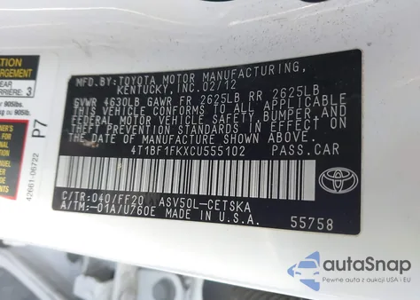 2012 Toyota Camry Se from USA, damaged, VIN 4T1BF1FKXCU555102